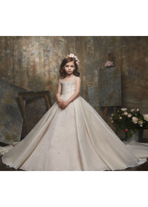 Pearl Beaded Lattice Lace Tulle Floor Length Flower Girl Dress